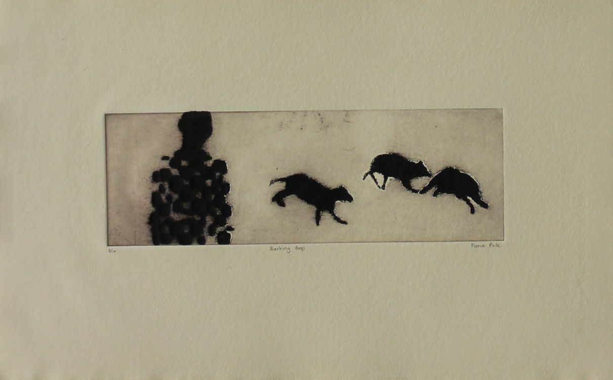 Click the image for a view of: Barking dogs. 2014. Carborundum print. Edition 10